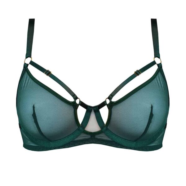 Balconette bra from the Kora collection at Bordelle. This bra is green eden color and composed of satin elastic and thin elastic. The shape of the bra is balconnet two fine adjustable elastics are placed on the top of the chest. A circular shape is present at the level of the solar plexus to let the birth of the breasts. In the back a wide elastic is embellished with two thin elastic placed below and above him. The back closure is a zip whose hook is embossed with the logo of the brand Bordelle.