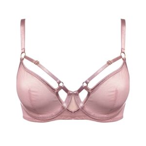 Balconette bra from the Kora collection at Bordelle. This bra is pink and composed of satin elastic and thin elastic. The shape of the bra is balconnet two fine adjustable elastics are placed on the top of the chest. A circular shape is present at the level of the solar plexus to let the birth of the breasts. In the back a wide elastic is embellished with two thin elastic placed below and above him. The back closure is a zip whose hook is embossed with the logo of the brand Bordelle.