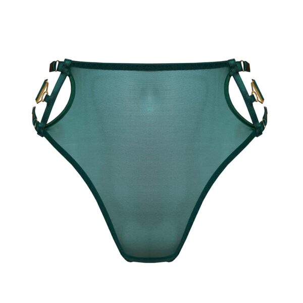 High waist thong from the Kora collection at Bordelle. This thong is green eden color in satin material elasticated. The intimate parts up to the navel are covered with material, the sophistication is done on the hips with a circular space empty of material that lets see the skin. At the back are placed in order a thin elastic, a second thick and a final thin elastic, all adjustable that form the maintenance of the pelvis. The string of the thong is made of thin green elastic and is attached to the back support by a small jewel embossed with the brand name Bordelle.