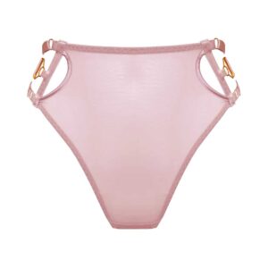 High waist thong from the Kora collection at Bordelle. This thong is pink in satin material elasticated. The intimate parts up to the navel are covered with material, the sophistication is done on the hips with a circular space empty of material that lets see the skin. At the back are placed in order a thin elastic, a second thick and a final thin elastic, all adjustable that form the maintenance of the pelvis. The string of the thong is made of thin pink elastic and is attached to the back support by a small jewel embossed with the brand name Bordelle.