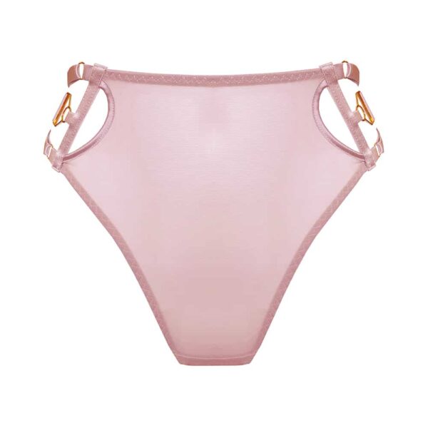 High waist thong from the Kora collection at Bordelle. This thong is pink in satin material elasticated. The intimate parts up to the navel are covered with material, the sophistication is done on the hips with a circular space empty of material that lets see the skin. At the back are placed in order a thin elastic, a second thick and a final thin elastic, all adjustable that form the maintenance of the pelvis. The string of the thong is made of thin pink elastic and is attached to the back support by a small jewel embossed with the brand name Bordelle.