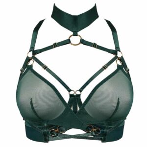The Kora multi-style underwired bra is 4 pieces in 1. It can be worn with or without tulle cups, with or without a collar, thanks to an ingenious 24-carat gold-plated fastening system. Bordelle creates for the first time, the totally versatile piece of lingerie that you can wear as lingerie or as an accessory harness over a tight outfit or a fishnet bodysuit for example. Its back straps can be worn as a swimmer's back or in a classic style, this model will slip under all your high necklines. Thanks to its various adjustment options, you will enjoy a perfect fit and maximum comfort while seducing your partner. Closes with a 24 carat zip at the back. To be worn with or without nippies. All straps are stretchy and adjustable. Available at Brigade Mondaine.