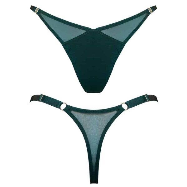 Thong from the Kora collection at Bordelle. This thong is green eden color. The intimate parts are hidden by an intense green while two triangles in satin material elasticated in transparency cover the birth of the hips. At the back, the same transparent material covers the top of the buttocks and form the string of the thong. Two thin adjustable elastics join the two parts of the product.