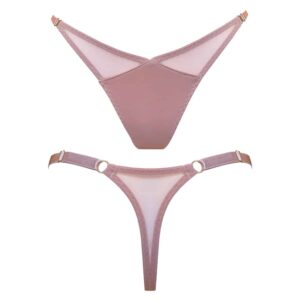 Thong from the Kora collection at Bordelle. This thong is pink. The intimate parts are hidden by an intense pink while two triangles in satin material elasticated in transparency cover the birth of the hips. In the back, the same transparent material covers the top of the buttocks and form the string of the thong. Two thin adjustable elastics join the two parts of the product.