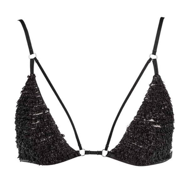 Bralette Iggy Collection Caravasar de la marque Gonzalez. Cette bralette est de forme triangle et de couleur noir. Deux petits anneaux de couleur argent sont placé au bout de bonnets au niveau du plexus solaire et tiennent deux petits élastiques décoratifs. Les bonnets sont en tulles et les bretelles fines. La bralette s’attache au dos à l’aide d’un simple crochet.