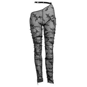 Legging Iggy Collection Caravasar von der Marke Gonzales Affaires. Dieses Produkt besteht aus transparentem Tüll und schwarzer floraler Spitze. Ein Ausschnitt an der rechten Hüfte lässt die Haut durchscheinen. Der Bund der Leggings besteht aus schwarzem Gummiband. Das Produkt wird auf Höhe des Bauchnabels mit einem Haken befestigt. An der rechten Hüfte ist ein kleiner Zierring angebracht. Der Stoff lässt durch seine Transparenz die Haut vollständig durchscheinen.