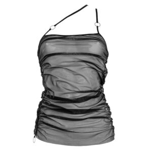 Top les Indolentes Collection Caravasar de la marque Gonzales Affaires. Ce top est en tulle transparent gris. Un effet frappé est présent au niveau du ventre. Une couture sur le côté droit du top permet d’obtenir cet effet de manière encore plus prononcé lorsque l’on tire sur l’anneau à l’extrémité de cette couture. Les bretelles se rejoignent toutes les deux sur l’épaule et donnent de ce fait un aspect asymétrique. Deux anneaux argentés agrémentent ces bretelles. À l’arrière, le haut du dos est nu et les deux bretelles se rejoignent en une seule par le biais d’un anneau puis d’une bande élastiquée réglable qui est cousue sur le top.