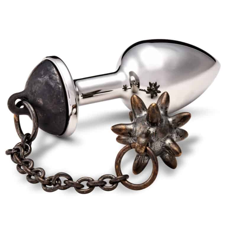 Silver plated bronze anal plug accessory with spiked prisoner's ball decoration.
