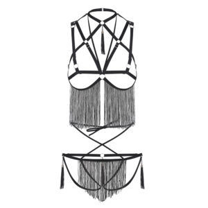 Ensemble de lingerie noire avec harnais et franges dessus