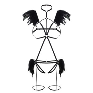 Black body harness with black feathers on shoulders and hips, nipples with or without, black gloves.