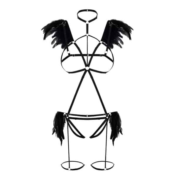 Adjustable body harness with faux feathers on sounder and hip area