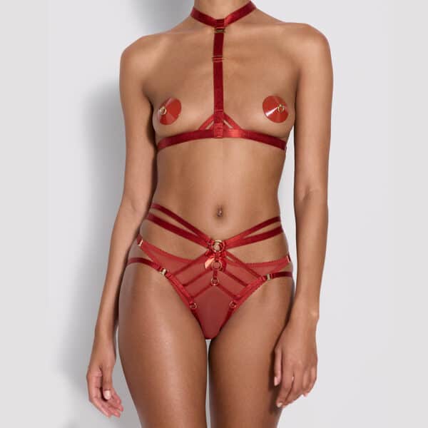 Bordelle Red Harness Set- The red front-view harness with nipples and open breeches is handmade.