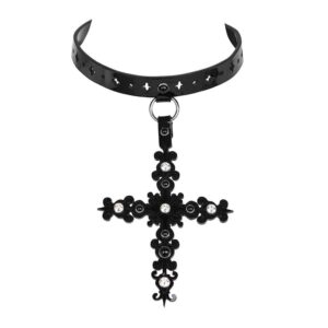 Black Nero choker, made entirely by hand and to order in the brand's Berlin workshops, from laser-cut patent leather and encrusted with Swarovski® crystal. The Nero choker is the perfect statement piece! Cross and choker in glossy black laser-cut patent leather Crystal rivets edged with SWAROVSKI® clear silver Double cap rivets edged with black pearl silver Large silver-plated lobster clasp
