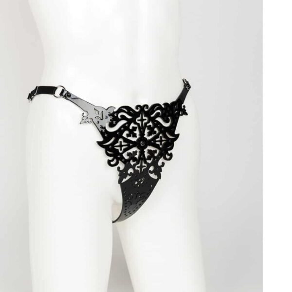 The Original Sin Nero G-string is entirely handmade to order in Berlin, in the brand's workshops, from laser-cut black patent leather and black pearl rivets; The Nero G-string is encrusted with SWAROVSKI® and is designed to be seen. Chic & Seductive! G-string features adjustable double-sided satin elastic sides for easy waist adjustment. Adjustable double-sided satin elastic for easy waist adjustment, double rivets edged with black pearl silver