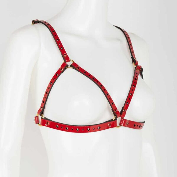 The red Rosso cage bra is entirely handmade and made to order in Berlin in the workshops of the brand; You will never go unnoticed with this piece of patent leather encrusted with red rhinestones! Wear this bra alone under your blouse, dress or next to your skin. Baroque-inspired laser cutouts add a touch of glamour to the ensemble. Satin-finish elastic in the back and a hook and eye closure make it a perfect fit. SWAROVSKI Red Siam Crystal Gold Trim Rivets Adjustable double-sided satin elastic straps Adjustable stretch back hook closure