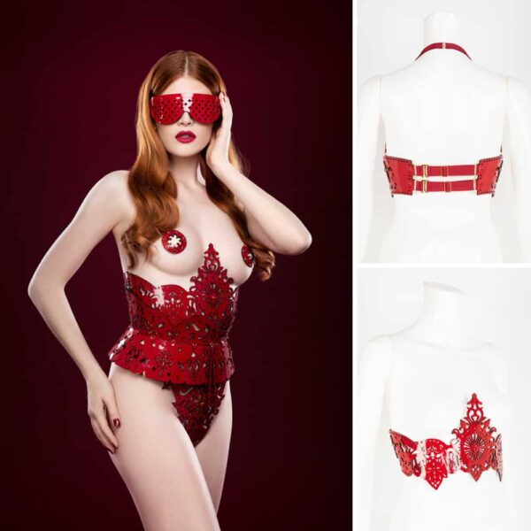 The Underbust Rosso Harness is entirely handcrafted from laser-cut red patent leather and high-quality red crystal rivets; the SWAROVSKI® encrusted leather Underbust Rosso Harness is a luxury fetish accessory designed to be seen.
