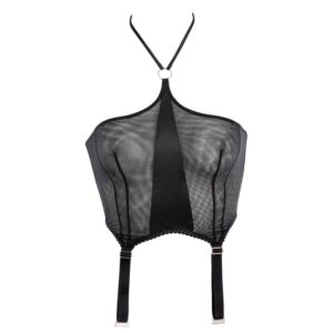 L’Aspic Corset Souple ( sans armatures) en Soie signé Gonzales Affaires, est entièrement fait de tulle et de soie. Déclinaison du Top Khan, ce corset est dégagé sur les épaules et se ferme derrière le dos et la nuque par 6 glissières ajustables à votre morphologie. Un anneau argenté au centre embellit cette pièce très tendance. Totalement ajustable au dos pour un confort maximum. 2 jarretelles permettent de l’accrocher à la culotte haute Aspic pour un total look.Cette création originale est entièrement faite à la main dans les ateliers de la marque en Espagne et est disponible chez Brigade Mondaine.