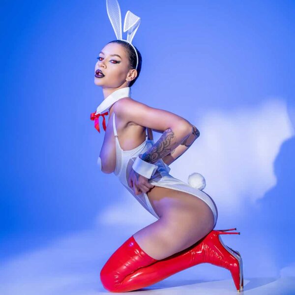 baed stories costume worn by model on blue background, sexy bunny outfit