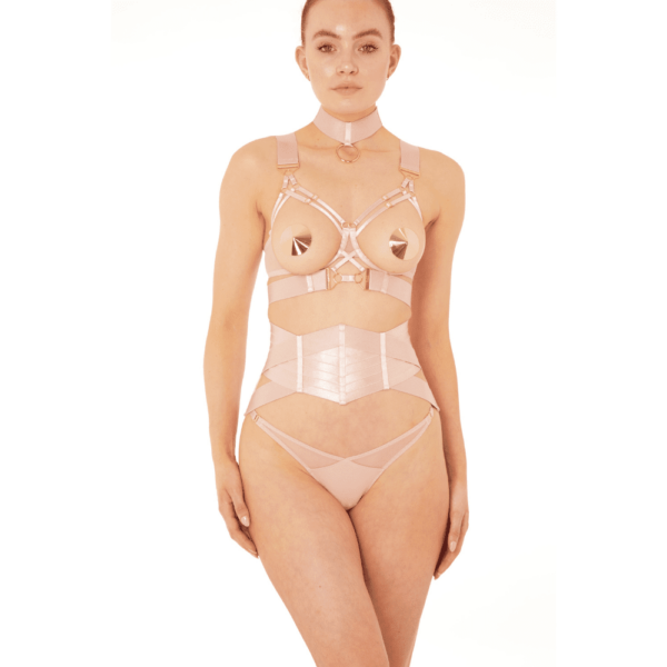 The pink Kora collection by Bordelle on Brigade Mondaine is directly inspired by the story of Persephone. Also known as Kora, goddess of spring and queen of the underworld. Kora is personified by the constellation Virgo in Greek mythology. Kora revives the DNA of Bordelle, strong contrasts between soft, electric and luxurious materials. Lingerie pieces to be worn day and night, on top and underneath... Bold chameleon designs, strong and powerful lingerie that must be seen by all, like an armor. Kora is a line of lingerie with contemporary and versatile shapes; its pieces are mostly made of removable elements to be worn in a multitude of ways. Kora is handcrafted with satin elastic straps, 24 karat gold plated hardware, wide band elastic and a luxuriously soft plain mesh. The model wears the pink underwire Kora open bra with an absolutely stunning design that is made to be seen. Wear it as a lingerie piece but also as an open harness over a fishnet bodysuit for example for a bondage rock look. Sexy and powerful, this bra model with its 24-carat gold-plated finish makes your curves irresistible. Thanks to its various adjustment options, you will enjoy a perfect fit and maximum comfort while seducing your partner. Wear with or without nipples. All straps are stretchy and adjustable. Pair the Kora open bra with the Kora pink thong and pink belted garter belt.