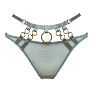 Dare the Kleio Open Back Panties! A high-end piece of erotic lingerie that will leave no one indifferent. Made from soft stretch mesh and fully adjustable, this model is perfect for styling and layering with any Kleio look. Featuring 24-karat gold-plated component details and an open back design with an opaque covered gusset, this style can complement any Kleio ensemble. Cotton gusset. Iconic satin elastic straps. Adjustable straps at the hips and brief. Wear with a matching Kleio bra with 24 karat gold detailing from the same collection.Kleio is available in 3 colors, black, burnt red and the brand new sage green, all available at Brigade Mondaine.