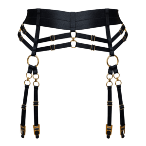 The Kleio garter belt is a must-have piece of lingerie. This model flatters the curves while sheathing the waist, offering simplicity and comfort. Made with two Signature Bordelle elastics, this harness-inspired garter belt sits elegantly on the hips and can be adjusted for an effortless fit.Iconic satin and wide band elastic strapping. 24-karat gold-plated component detail.8 garter belt clips to wear with suspenders or stockings. Adjustable for easy sizing. 24 karat gold plated zipper closure. Kleio is available in 3 colors, black, burnt red and the brand new sage green. This item is available at Brigade Mondaine.
