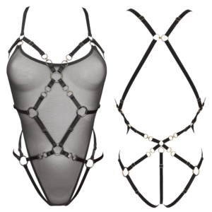 The Kleio Black Multi-Style Harness Body is the emblematic piece of the Kleio collection.Bordelle develops once again on the must-have lingerie piece, the multi-style... 2 pieces in one, an open playsuit type harness in satin elastic and a harness body in fine fishnet and satin elastic. The fishnet panel on the front is removable and is fixed with 5 hooks on the straps, the back and the thong. This bondage lingerie piece is perfect for styling and layering with any Kleio look. Cotton gusset. Iconic satin elastic straps. Kleio is available in 3 colors, black, burnt red and the brand new sage green, all available at Brigade Mondaine.