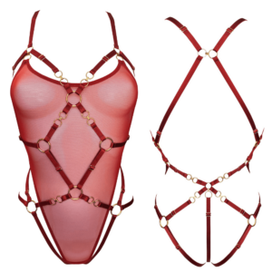 The Kleio Red Multi-Style Harness Body is the emblematic piece of the Kleio collection.Bordelle develops once again on the must-have lingerie piece, the multi-style... 2 pieces in one, an open playsuit type harness in satin elastic and a harness body in fine fishnet and satin elastic. The fishnet panel on the front is removable and is fixed with 5 hooks on the straps, the back and the thong. This bondage lingerie piece is perfect for styling and layering with any Kleio look. Cotton gusset. Iconic satin elastic straps. Kleio is available in 3 colors, black, burnt red and the brand new sage green, all available at Brigade Mondaine.
