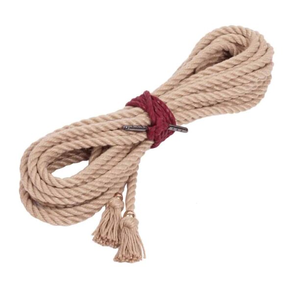 Black Bondage Rope has the look and feel of jute or hemp, but is made from triple-thickness spun polyester yarn. The rope is washable, non-allergenic and very long lasting. It is soft on the hands and does not stretch. The rope has a gold finish and a Matthew Walker knot, a decorative knot used to prevent the end of a rope from fraying. Suitable for all levels of tying and hanging. Available from Brigade Mondaine.