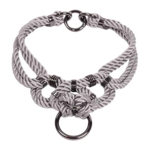 Le collier de forme choker peut être porté attaché au harnais ou seul. Fermeture au dos. Finition argentée. Totalement ajustable.