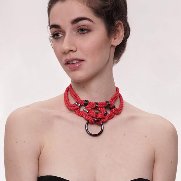 The choker can be worn attached to the harness or alone. Closing on the back. Silver finish. Fully adjustable.
