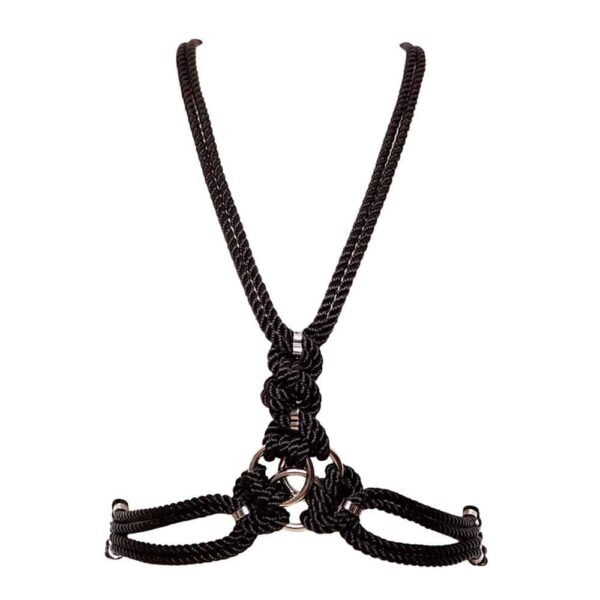 San Harness' is tightly bound with polyester rope, it is finished with zinc alloy and brass hardware. Crossing the chest with two lines crossing the body, it features a decorative centerpiece with three intertwined metal rings. Attached to the neck and natural waist by snap rings, 'San' is like a harness belt that frames the body with elegance. A clasp and chain at the back can be adjusted for a custom fit. Available at Brigade Mondaine.