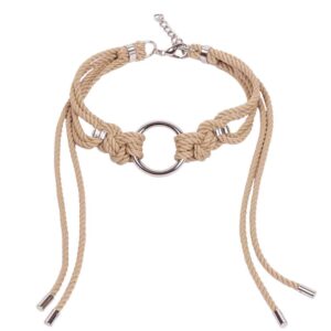 This elaborate and fitted Beige Choker Shippo features a large O-ring with traditional symmetrical polyester rope knots, with long loose tails framing the neck. It is finished with silver zinc alloy and brass hardware. A clasp and chain at the back can be adjusted for a custom fit. One size fits all. Available at Brigade Mondaine.
