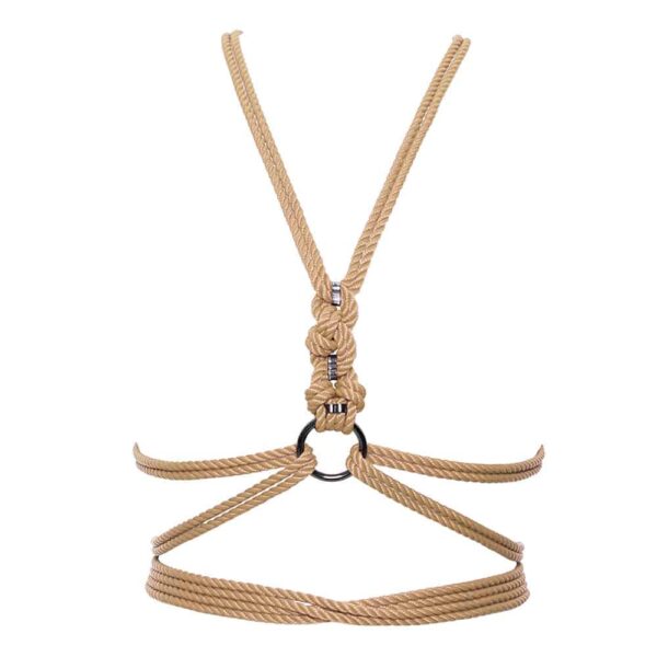 Based on FOA's iconic revision of the Japanese art of rope bondage, the super versatile Torso Knot Harness is as unique and different as you can imagine. With a "hishi" patterned base structure of soft polyester rope and brass and bronze colored zinc alloy hardware, our new harness offers an extra length of loose rope allowing you to enjoy the creativity and versatility of completing the harness in your own designs. With the Self-Tie, you get several different harnesses all in one. The Self-Tie is adjustable to any size and will come with easy to follow instructions showing the two main variations of harness attachment. Available from Brigade Mondaine.