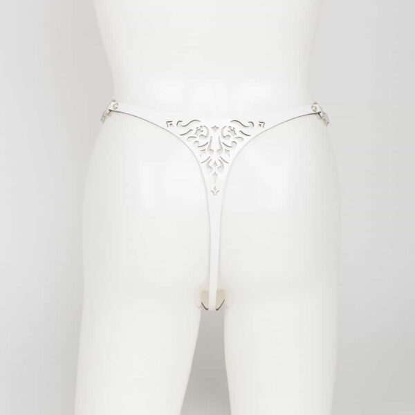 Thong from the Original Sin Bianco collection by Fraulein Kink on Brigade Mondaine. Entirely handcrafted to order in the brand's Berlin atelier from white patent leather and ivory pearl rivets, the Bianco G-string is made chic and erotic. The thong has adjustable double-sided satin elastic sides for easy waist adjustment