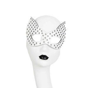 Bianco Blanc Fräulein Kink cat mask on Brigade Mondaine, entirely handmade and made to order in the brand's Berlin workshop from laser-cut and molded patent leather. Perfect for accessorizing an outfit, it will highlight your eyes and give you a doe-eyed look that will make you irresistible! Adjustable with an elastic band.white patent leather laser cut kitten mask made to measure. Ivory Pearl Silver Double Cap Rivet Trim. Adjustable headband with double-sided satin elastic ribbon.