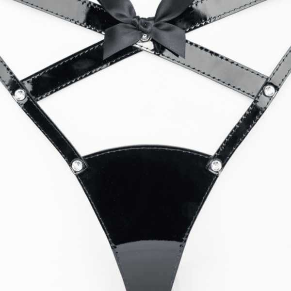 Black and red patent leather thong with Eiffel Tower on the back, from the French Kiss collection by Fraulein Kink, available at Brigade Mondaine