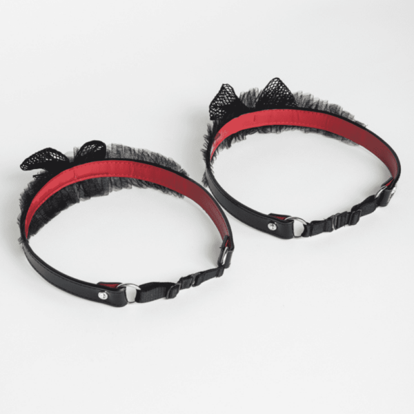 Black and red patent leather and tulle garters from the French Kiss collection by Fraulein Kink, available at Brigade Mondaine