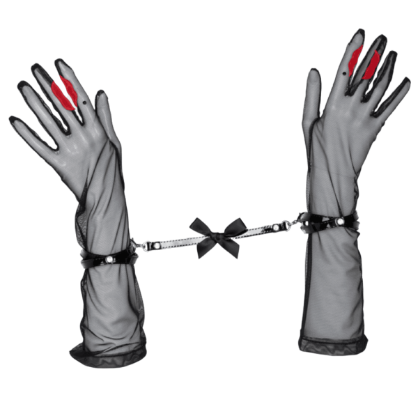 Pair of tulle gloves and red leather lips from the French Kiss collection by Fraulein Kink, available at Brigade Mondaine