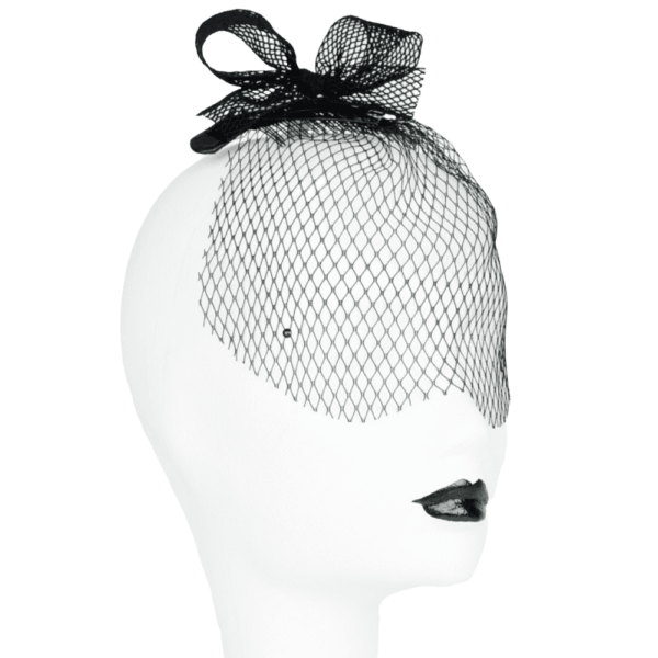Mini bow hat and fishnet veil from the French Kiss collection by Fraulein Kink, available at Brigade Mondaine