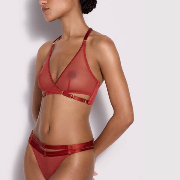 Hand-crafted bra and g-string with elastic and satin stretch mesh.