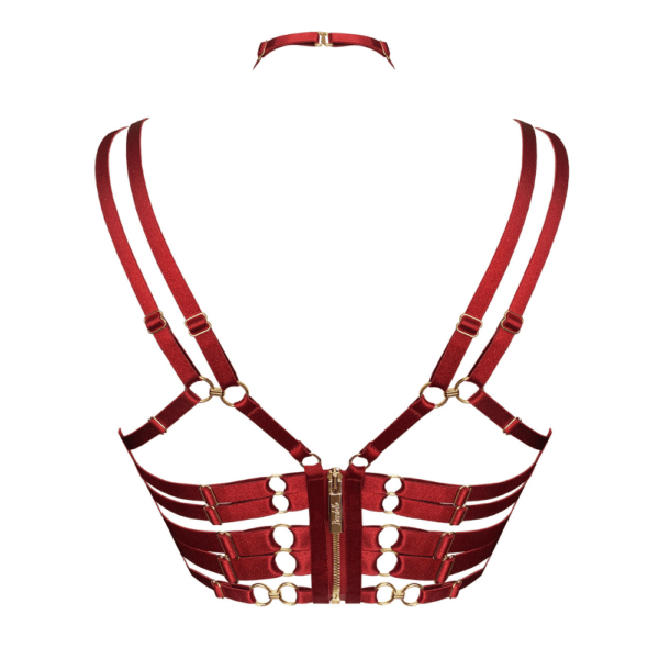The Burnt Red Underwired Open Bra is an iconic piece of this very erotic Cymatic lingerie collection. The exclusive lace made to measure for the English brand envelops the bust like a jewel. Lingerie becomes a jewel box... Secured by a 24-karat gold-plated zipper, the fully adjustable satin elastic strapping creates a cage-like design in the back, which continues in the front with delicate harness details and layering. Adjustment on the cups, straps and back straps. This new collection is available at Brigade Mondaine.