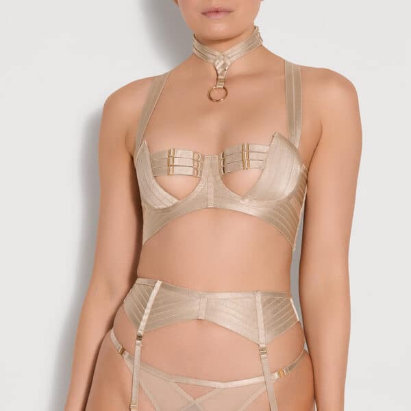 a woman wears the Bordelle Caramel Set, with several straps, the collar and straps covering the nipples.