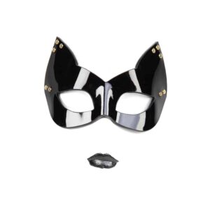 The Ricco kitten mask is a chic and glamorous accessory, entirely hand-molded in top-quality Italian leather, the piece is accented with brass rivets and a double gold cap. Closes with a satin elastic band that adjusts to your head size for maximum comfort. Perfect for a libertine or masquerade ball.