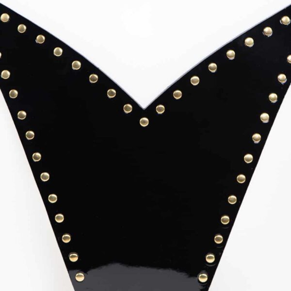 The Ricco Thong Harness, a sexy and sensual creation crafted in beautiful black and patent leather, finished with high quality brass rivets. Adjustable double-sided satin elastic for easy waist adjustment. Double-capped gold brass rivets. Available in 2 sizes.