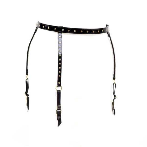 Increase your sex appeal and make men go crazy with desire with this Ricco suspender belt. Belt style, this piece is molded in high quality Italian patent leather and embellished with golden brass rivets. A chic creation with removable and adjustable suspenders. To be worn as a belt or garter belt for a high fashion look.