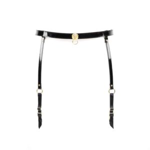 Increase your sex appeal and make men go crazy with desire with this Leone suspender belt. Belt style, this piece is molded in high quality Italian patent leather and embellished with gold brass rivets. A chic creation with removable and adjustable suspenders, a golden lion head and golden rivet accents. Wear as a belt or suspender belt for a high fashion look.
