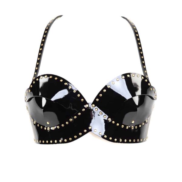 The Ricco strapless bra is one of the highlights of the Riche collection. This luxurious piece is made to be seen! Very chic, the Ricco bra in black Italian patent leather has removable straps, gold brass double cap rivets, it can be worn both over your favorite silk blouse or dress, or directly on the skin. Black adjustable and removable bra straps. Stretchy and adjustable back hook closure. Available in 3 sizes.