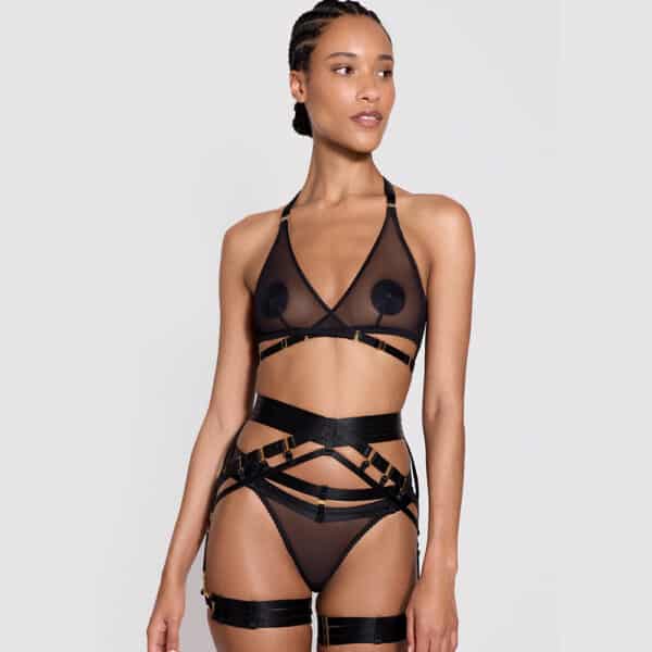 Set Art Deco Schwarz der Marke Bordelle- Handgefertigter BH und String aus schwarzem Satin und Stretch-Mesh