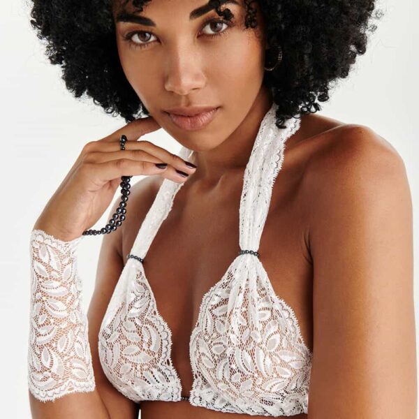 Bra from the new Dark In Paris collection on a model worn with a lace glove
