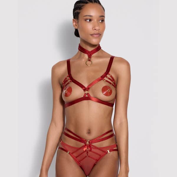 Ensemble Signature de la marque Bordelle sur une femme avec le nippies rouge, plusier bretelles et collier tout enseble.